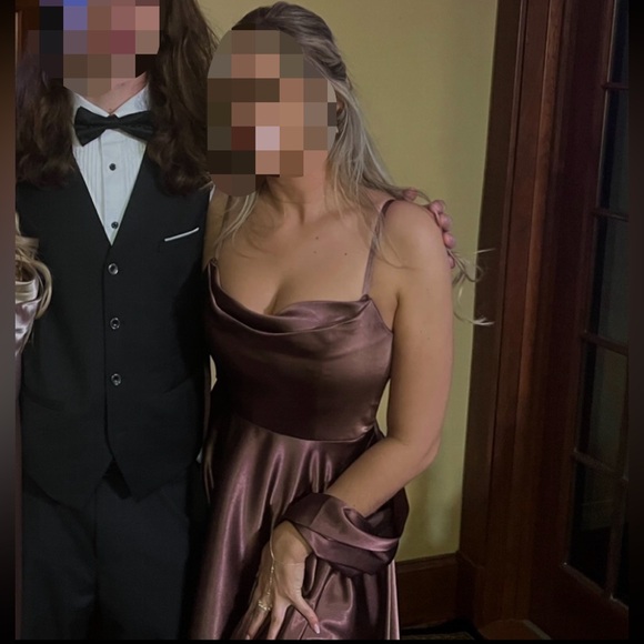 Azazie Elle Metallic Satin Dress in Espresso - Picture 7 of 9